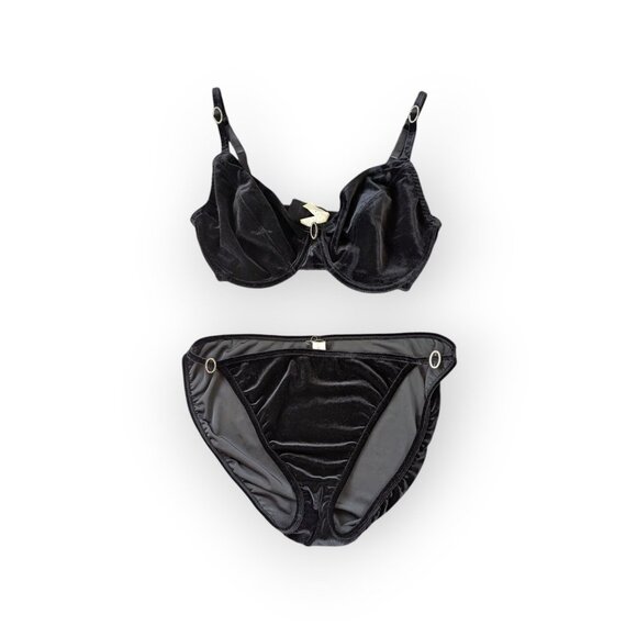 Vintage 90s Y2K Black Velvet Bra and Pantie Lingerie Set String Bikini - Picture 1 of 13